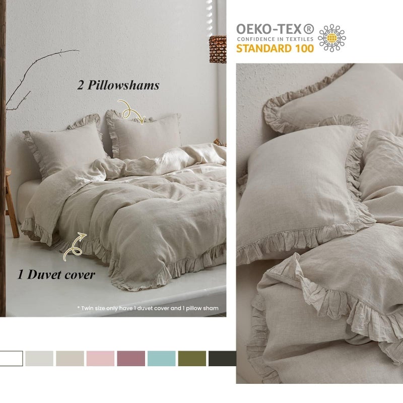 Simple&Opulence 100% Linen Duvet Cover Set, 3 PCS Natural French Flax Ruffle Duvet Cover King Size, Breathable Comfy Linen Bedding Comforter Cover with 2 Pillowcases (Natural Linen, 104" X 92") - Image 5